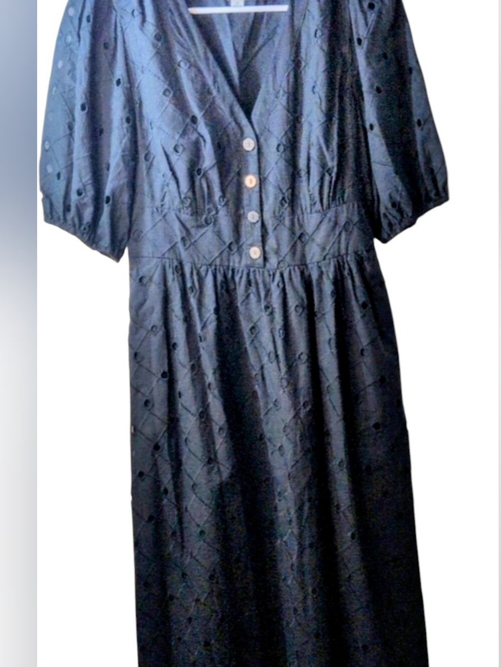 a new day Black Eyelet V-Neck Midi Dress with Puff Sleeves and Button Front